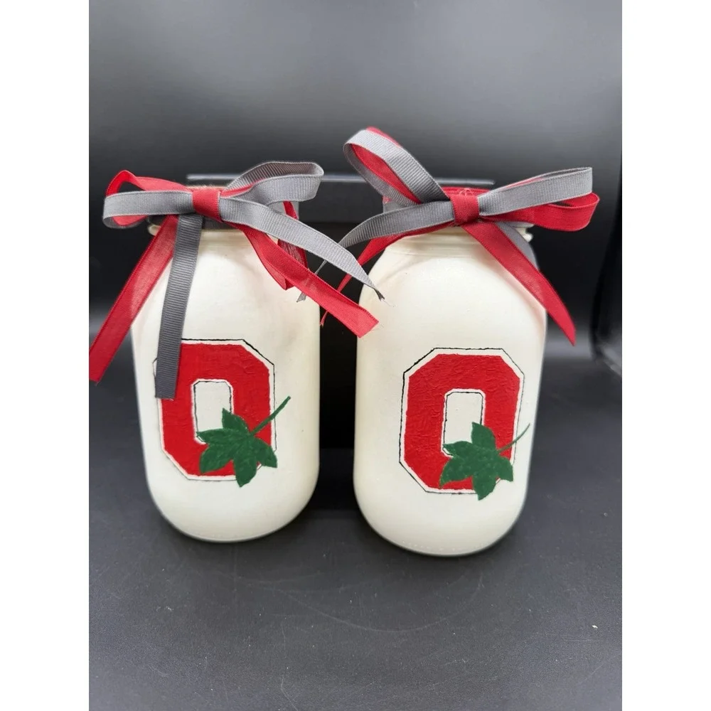 🏈 Vintage Homemade Ohio State Painted Canning Jars – Set of 2 – EUC ✨